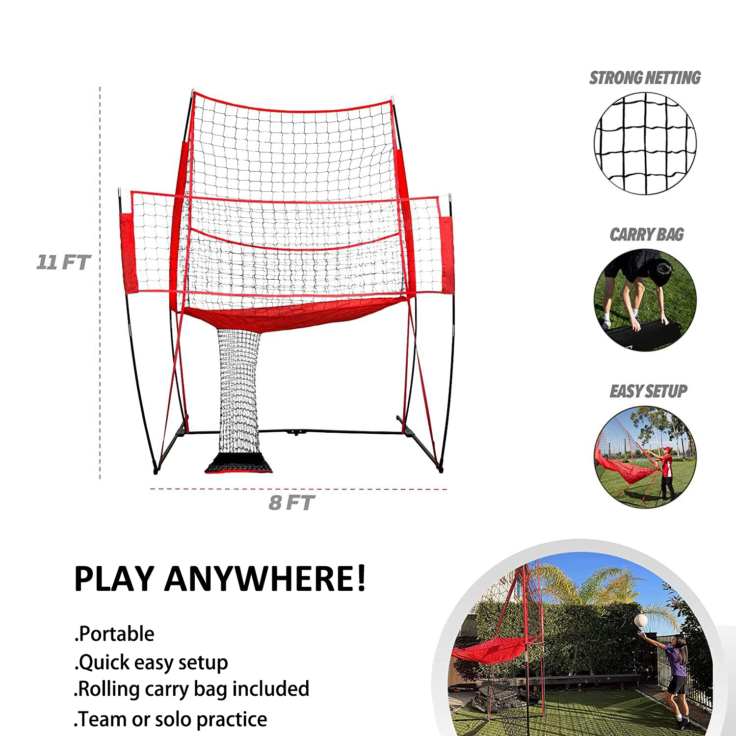 Volleyball Practice Net Station 8 ft Wide by 11 ft High Ball Return Great for Hitting and Serving Drills Perfect for Team or Solo Training Three Minute Setup Bow Style Frame