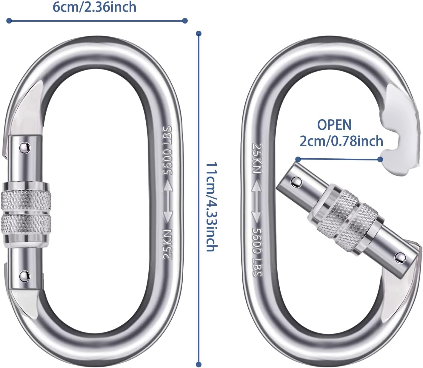 Heavy Duty Carabiner Clip Climbing Carabiner 25kn(5600lbs), Hook with Screwgate Multipurpose for Climbing, Rigging, Ropes, Hammocks (O Shape)