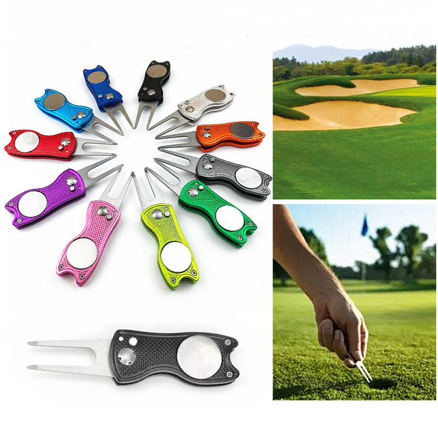 Factory Price Golf Repair Tool Stainless Steel Foldable Golf Divot Tool Magnetic Golf Pop up Button Tool Golf Ball Marker
