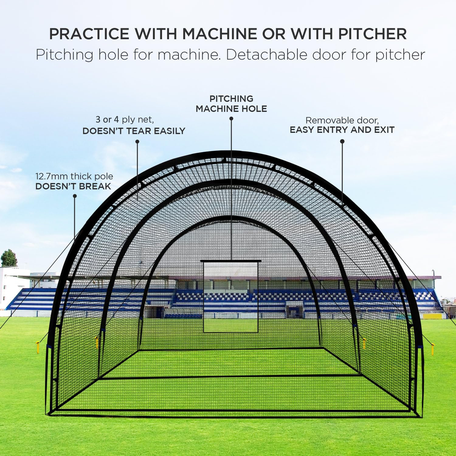 22*12*8FT Baseball and Softball Batting Cage Net Portable with Pitching Machine Hole and Detachable Door for Backyard Outdoor Hitting Practice