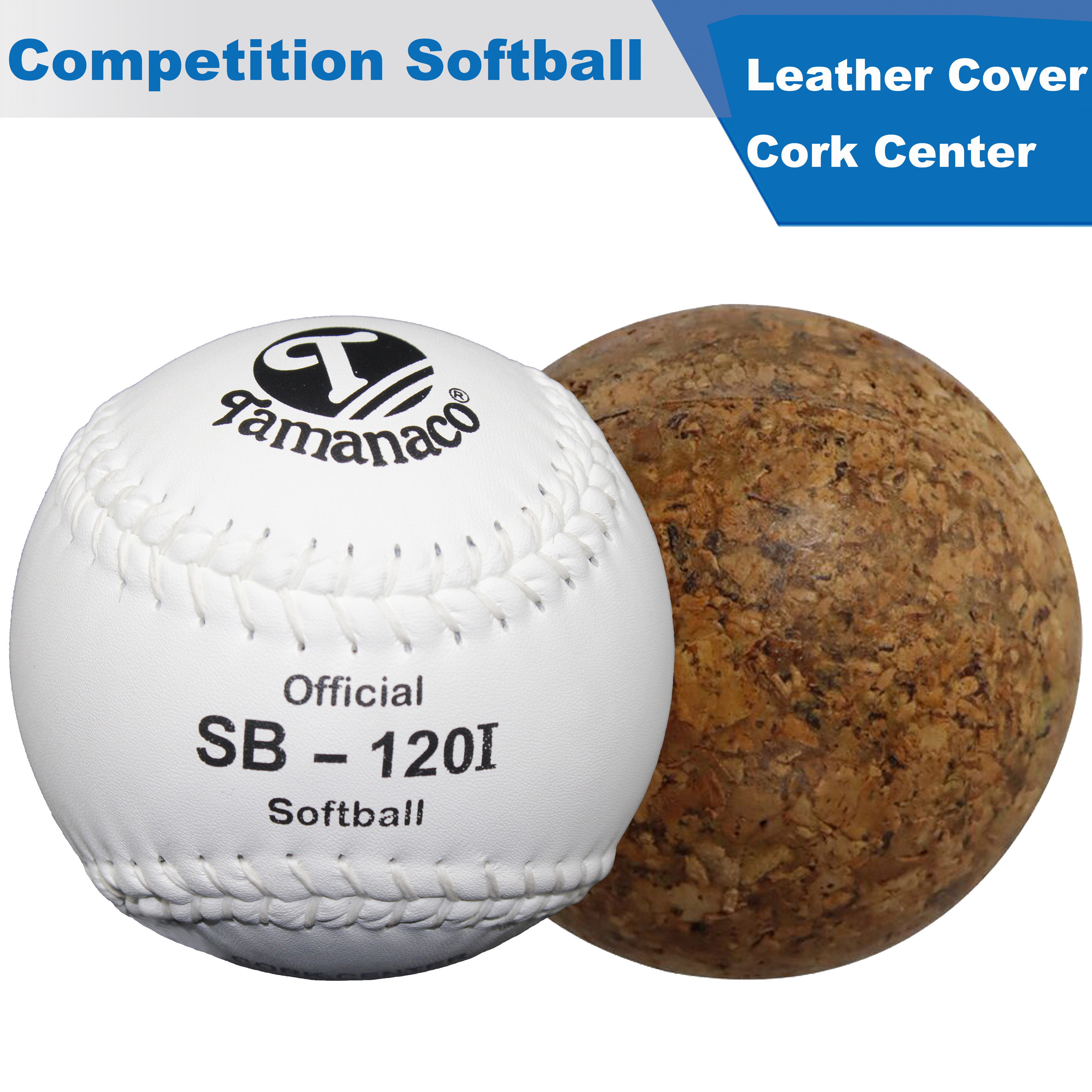 White Leather Cover Best Quality Cork Center Softball For Competiton .47 Cor 375 LBS Compression