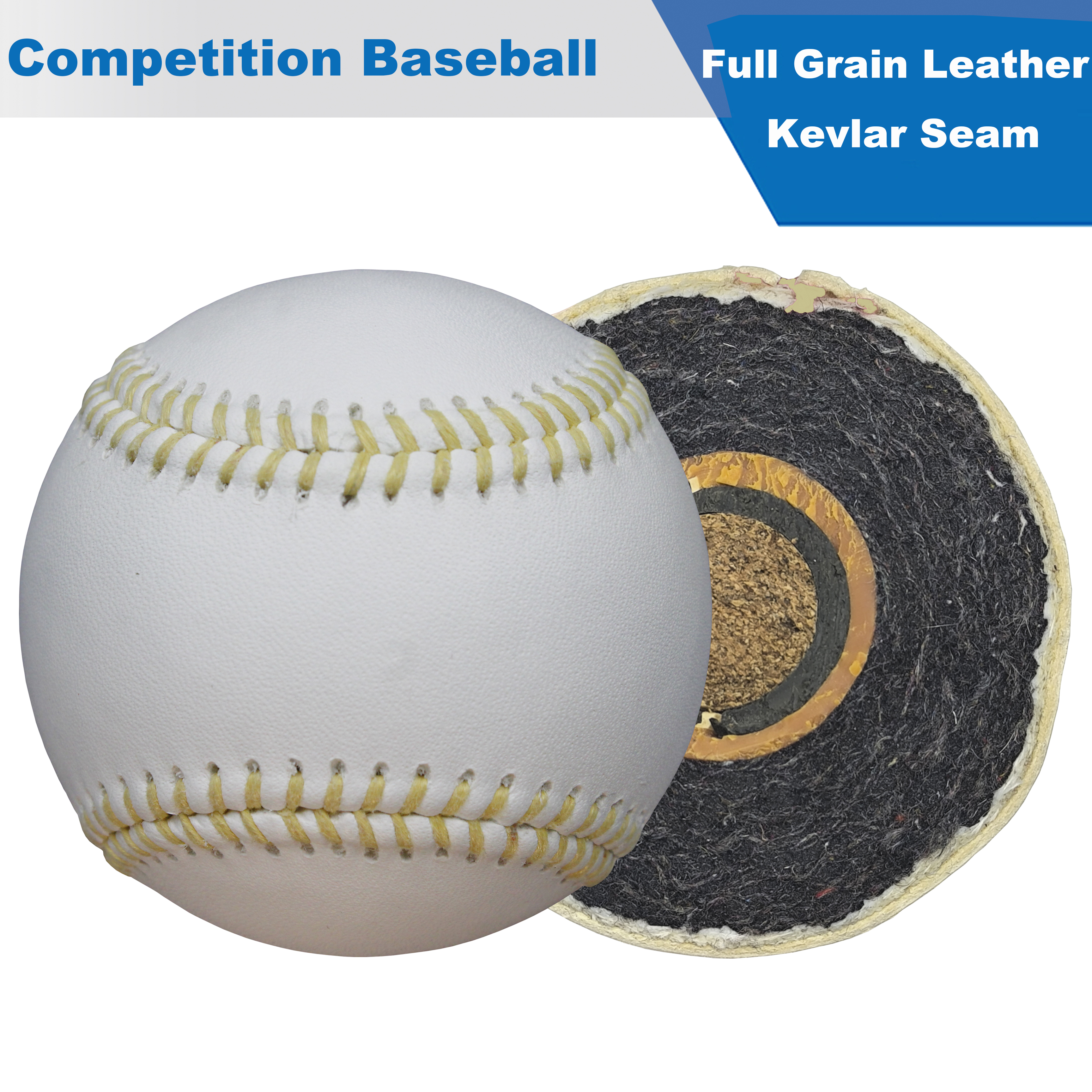 Competition Full Grain Leather Baseball With Kevlar Seams Wool Winding And Double Cushioned Cork Center