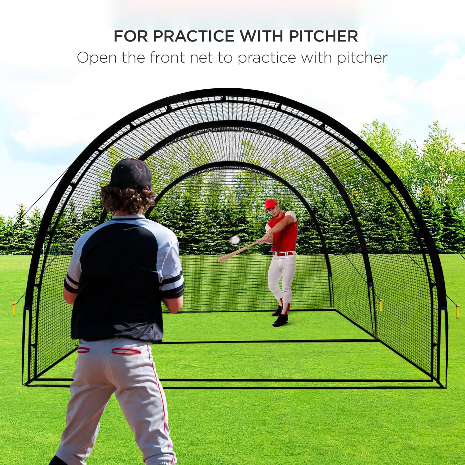 22*12*8FT Baseball and Softball Batting Cage Net Portable with Pitching Machine Hole and Detachable Door for Backyard Outdoor Hitting Practice