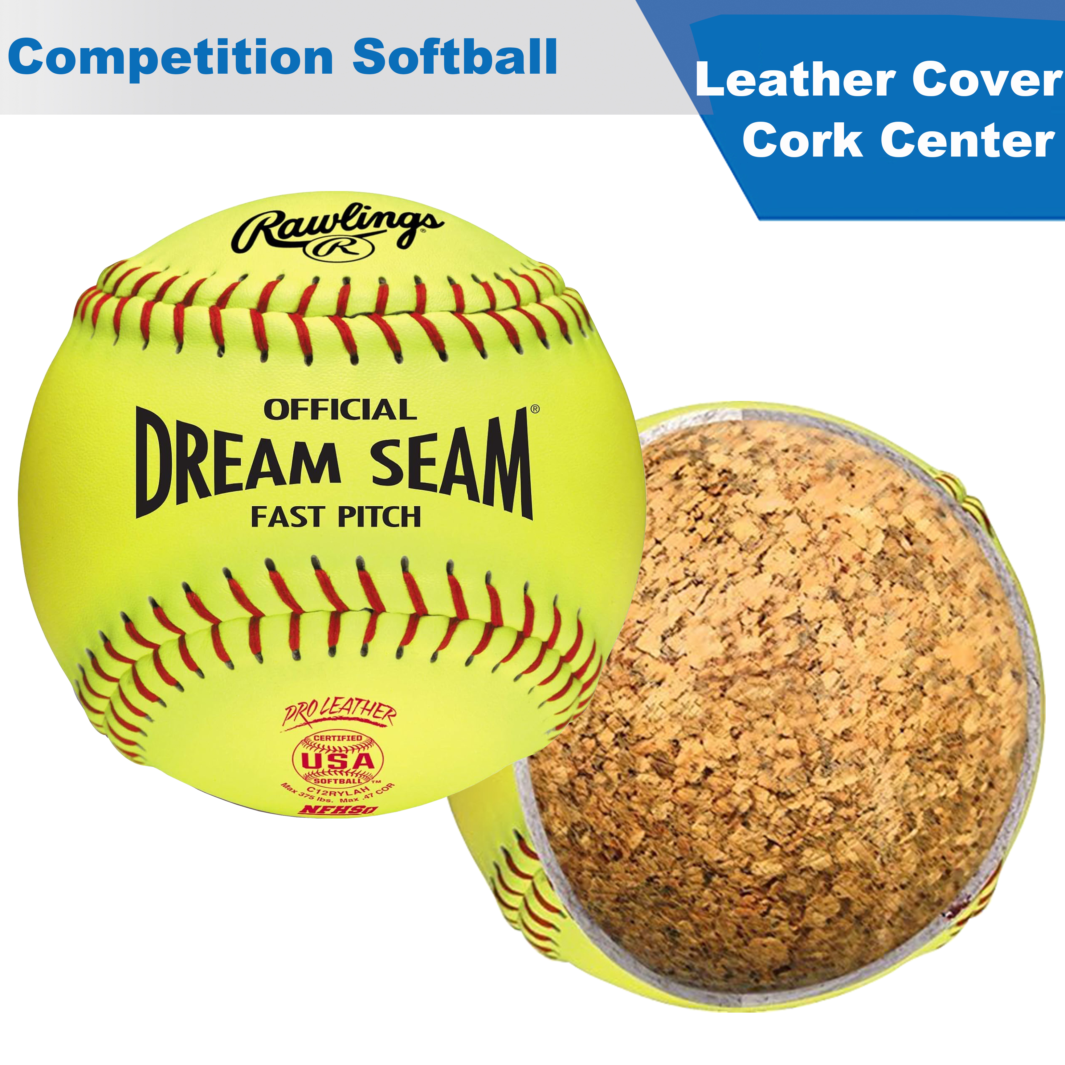 12 Inch Pro Leather Cover Cork Center Dream Seam Softball USA Certified Fastpitch Classic Standard